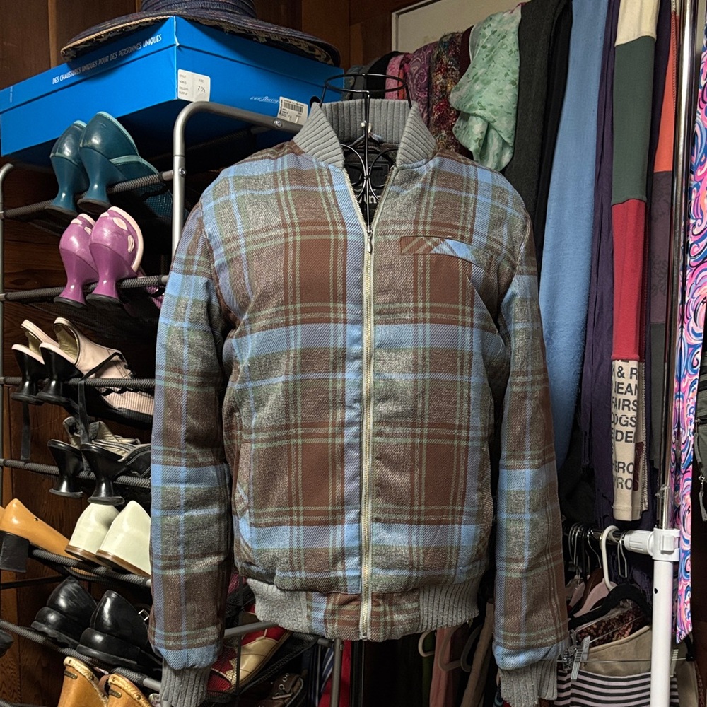 Prana Brown and Blue Plaid Bomber Jacket 80% DOWN 20% FEATHER